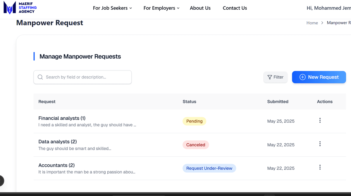 Staffing agency hiring process for employers - Manage Requests